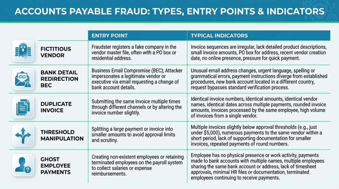 Detailed visualization of accounts payable fraud risk categories across the payment lifecycle