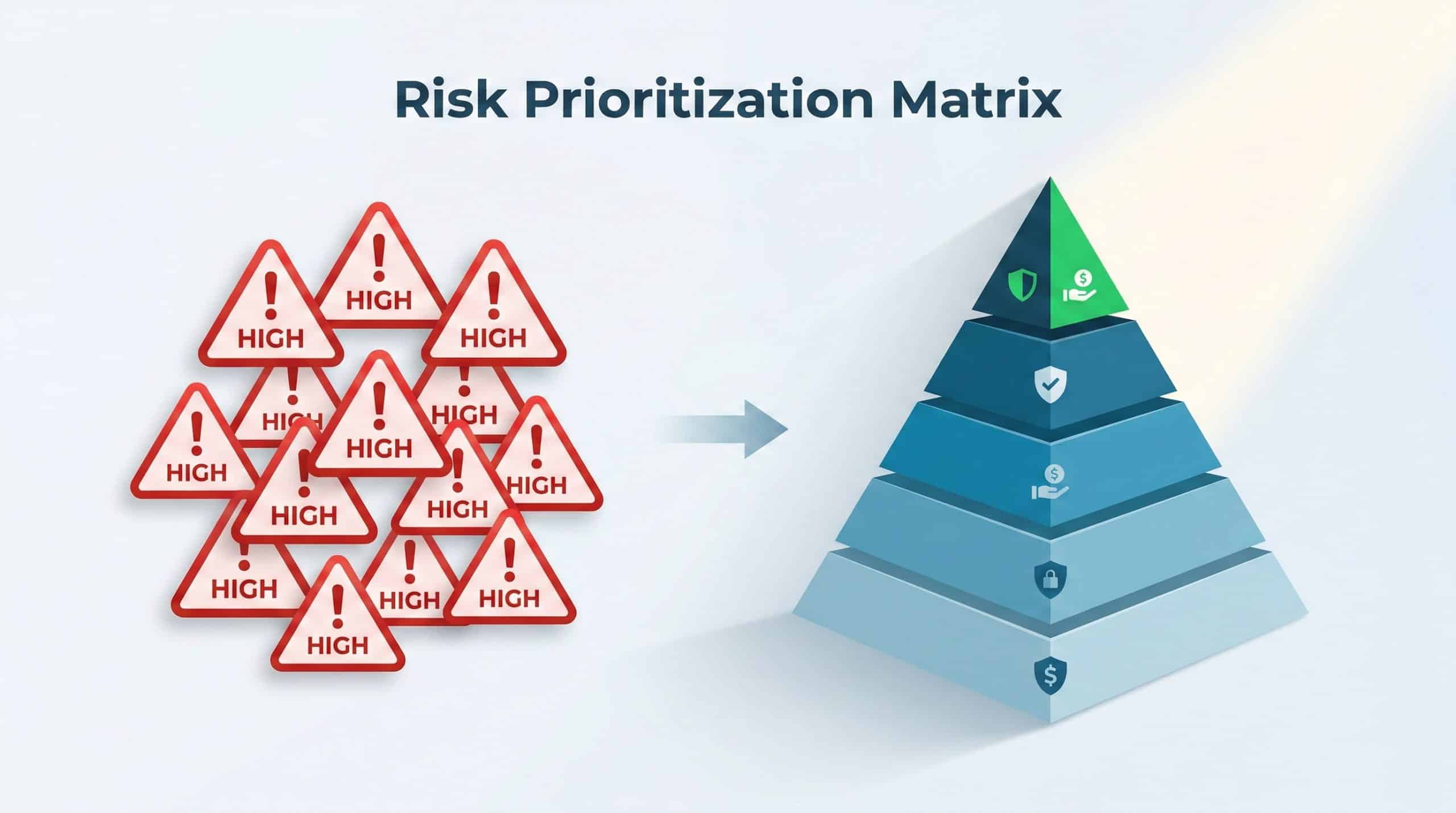 CFO reviewing prioritized risk matrix on a dashboard showing ranked financial and operational risks