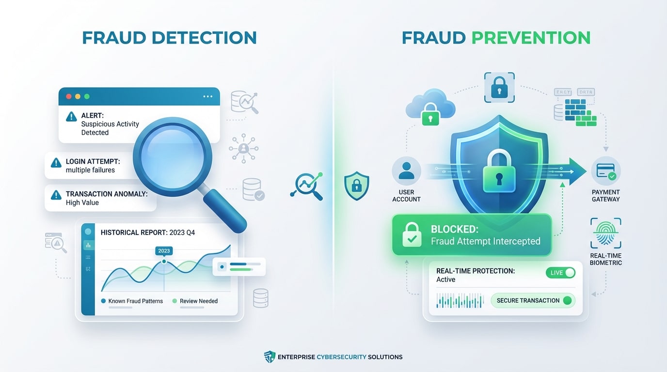 Illustration showing the difference between fraud detection and fraud prevention workflows in enterprise environments