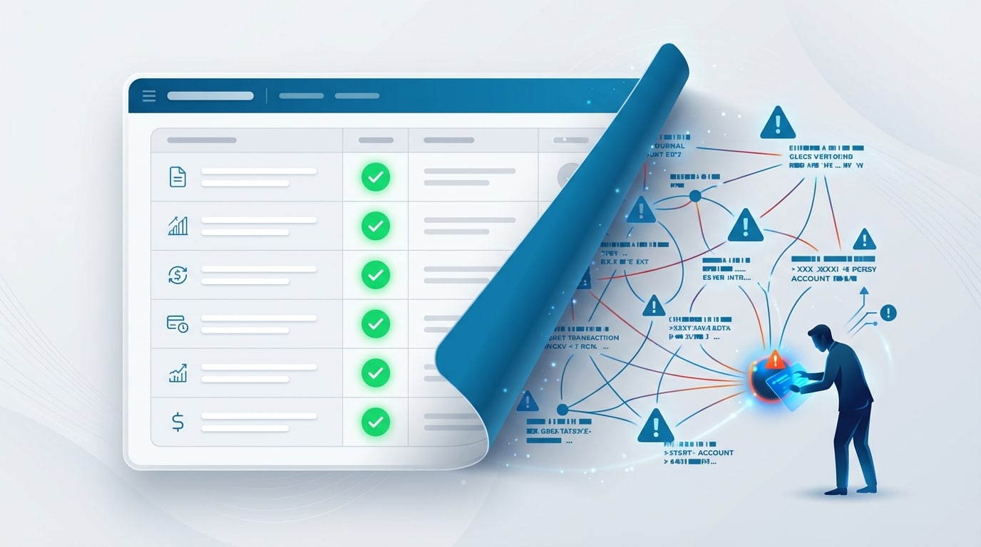 Illustration showing a clean close checklist masking hidden journal entry risks beneath the surface
