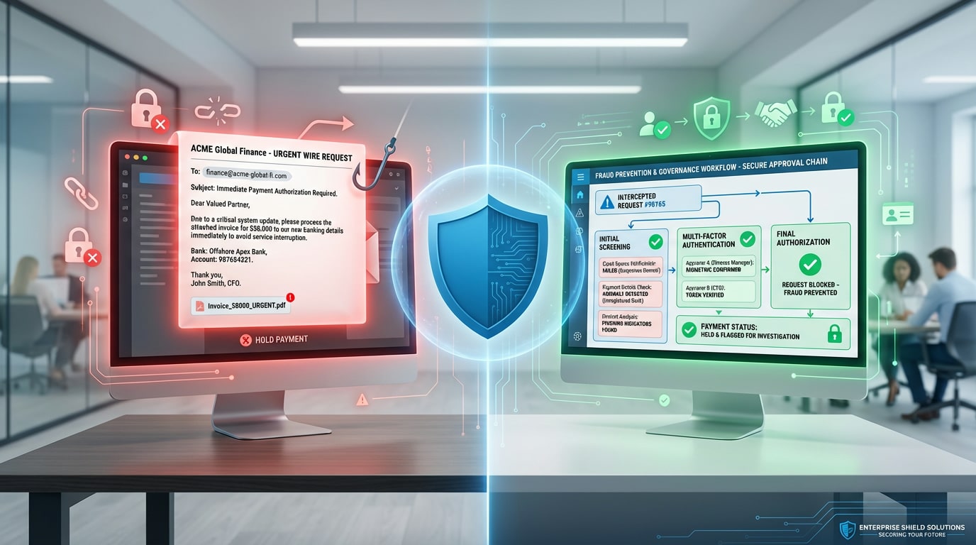 Illustration of a bank account change request workflow with governance controls preventing fraudulent payment redirection