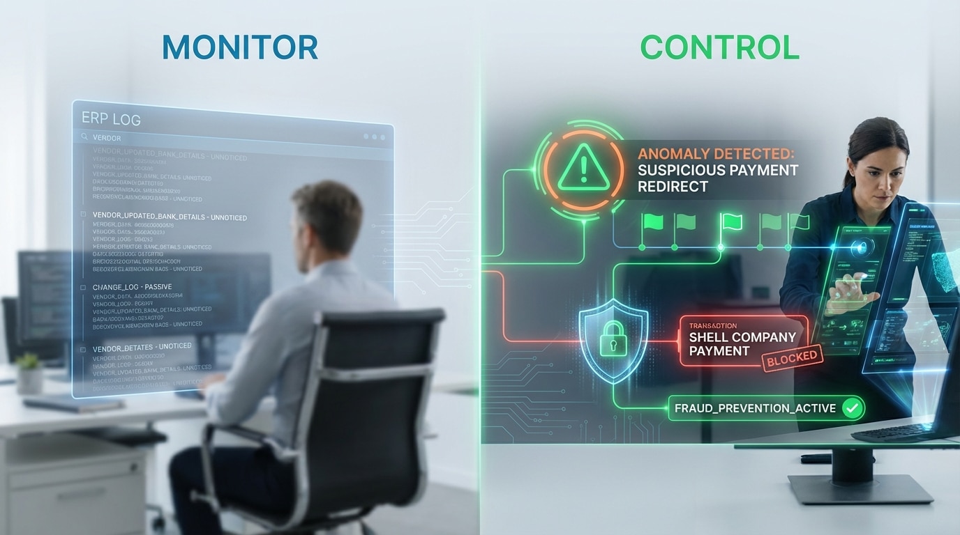 Illustration showing the gap between passive monitoring and active fraud control in ERP payment processes