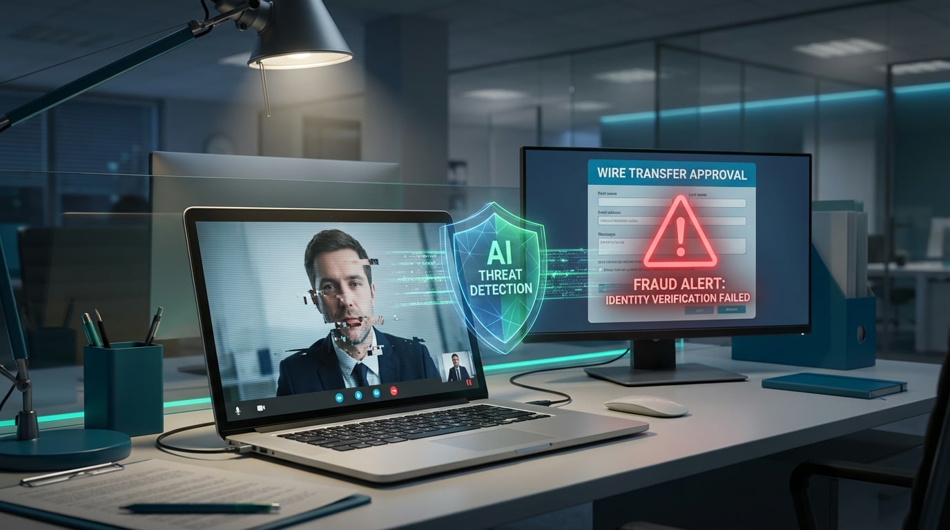 Illustration of a deepfake video call scenario used to authorize a fraudulent wire transfer in a corporate environment