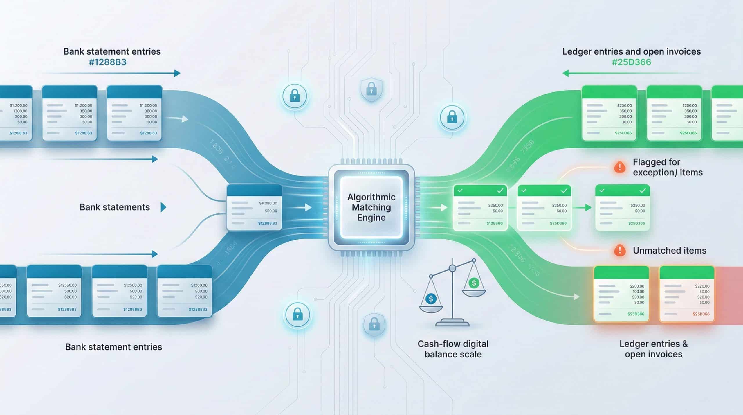 Automated bank reconciliation dashboard matching transactions across multiple accounts