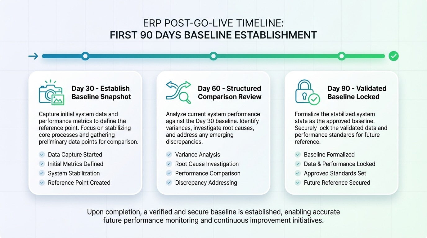 Timeline visualization showing the three-phase baseline establishment process during the first 90 days after ERP go-live