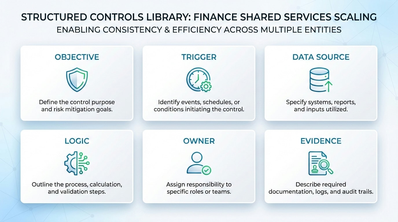 Visual representation of a structured controls library organized by process area for multi-entity finance shared services