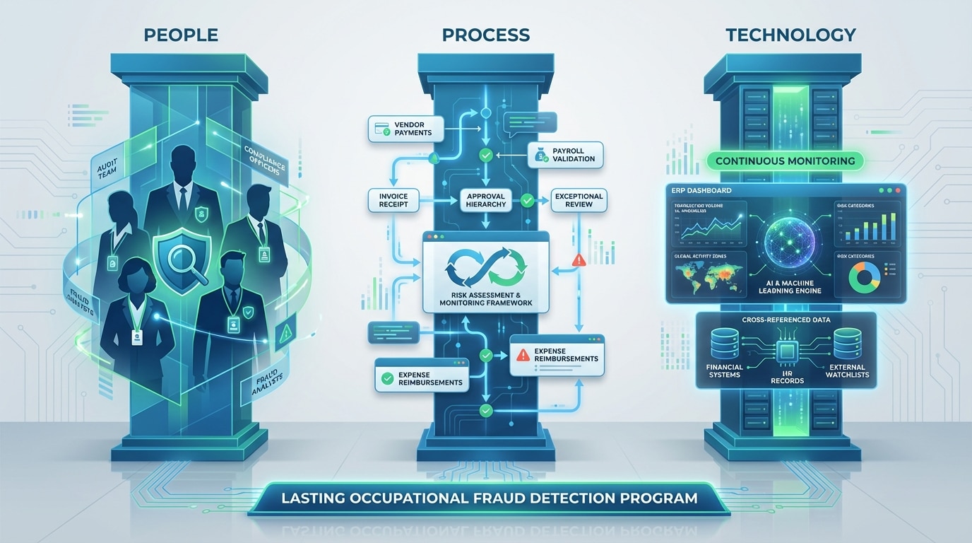 Visual framework showing the three pillars of a lasting fraud detection program: people, process and technology working together