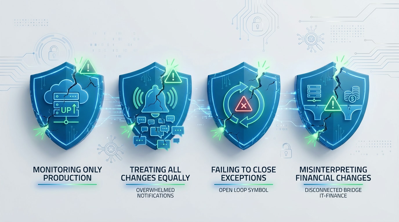 Infographic illustrating the most common pitfalls that weaken ERP change monitoring programs
