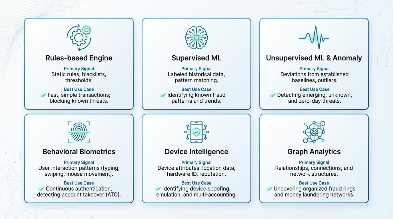 Visual comparison of key fraud detection technologies including AI, behavioral biometrics, and graph analytics