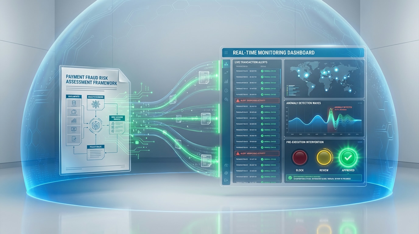 Illustration of continuous real-time payment fraud monitoring integrated with ERP systems