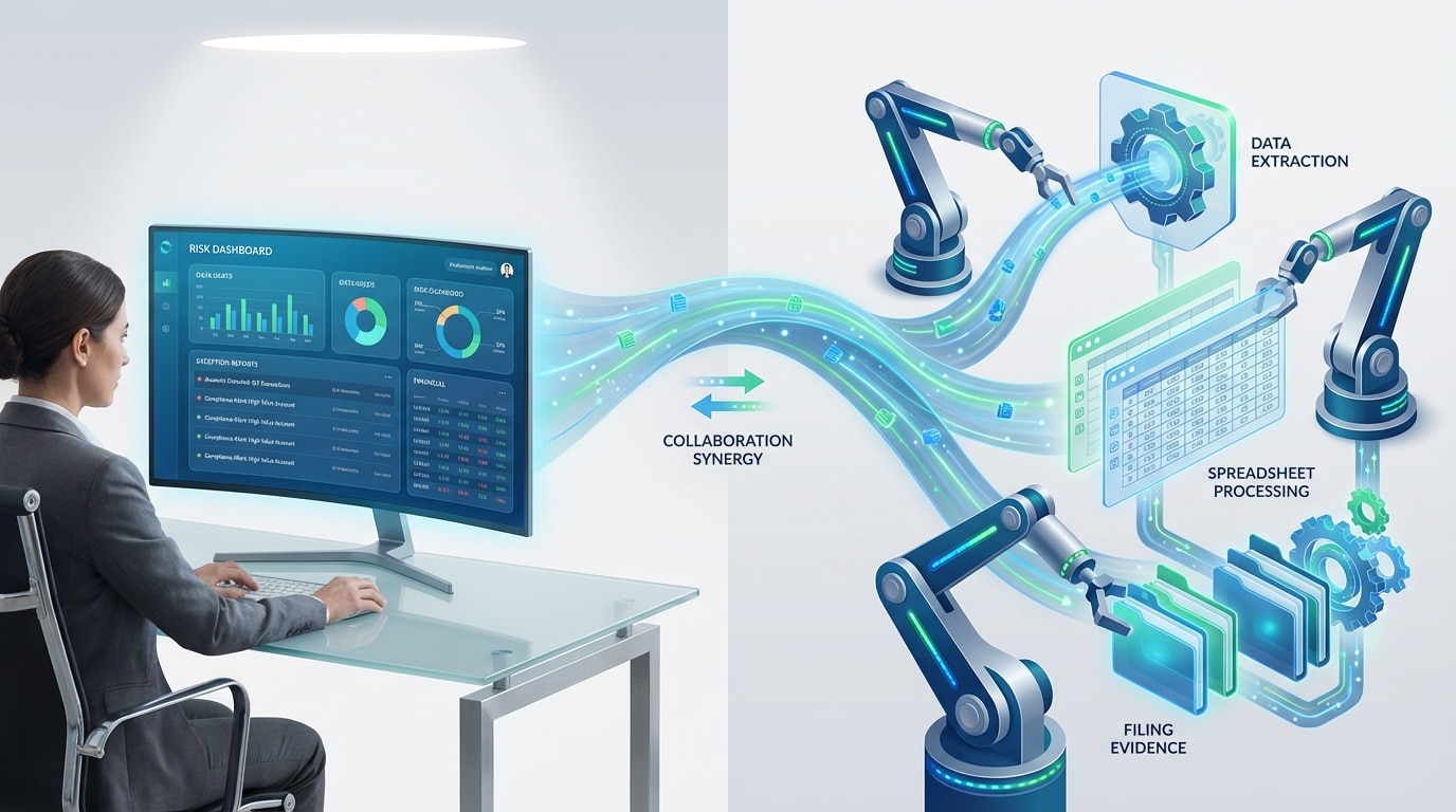 Internal auditor analyzing automated control testing results on dashboard