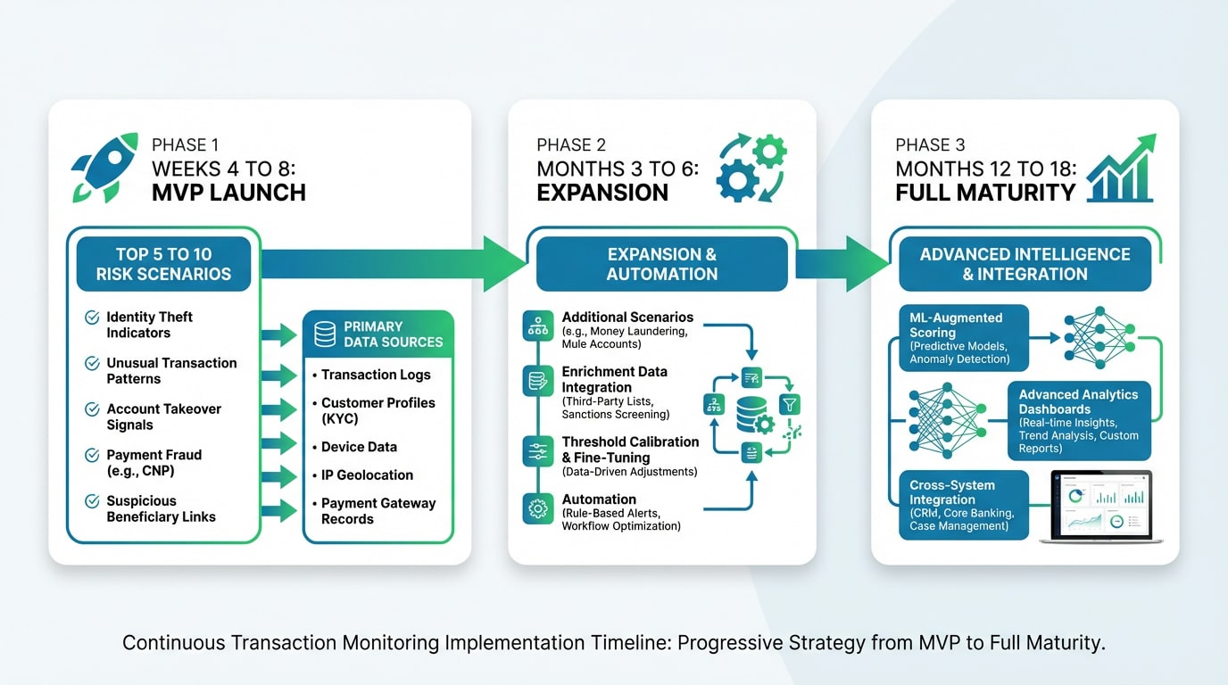Timeline infographic showing phased implementation of continuous transaction monitoring from MVP to full maturity