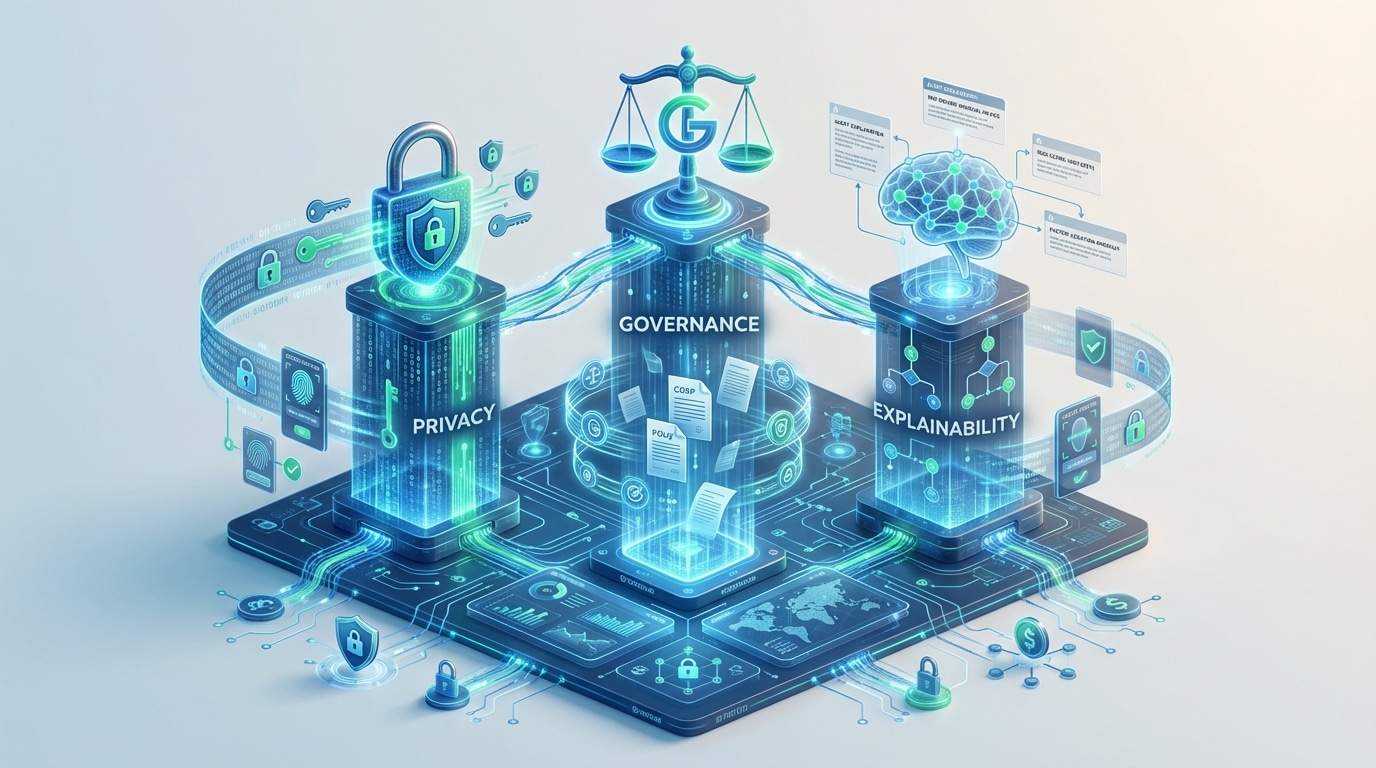 Framework diagram showing the intersection of governance, privacy compliance, and AI explainability in fraud analytics
