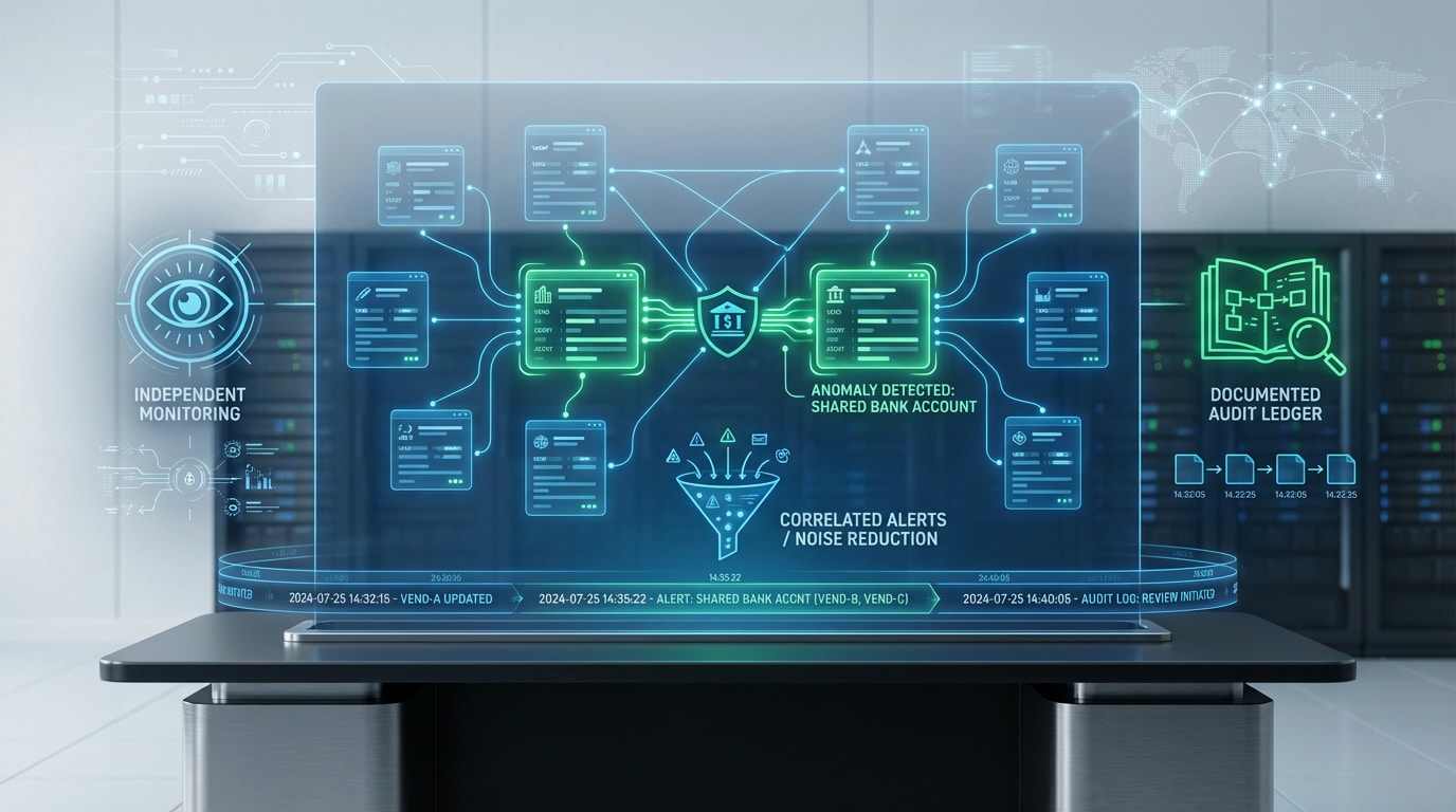 Detelix vendor master data governance dashboard showing real-time monitoring, alert correlation, and audit trail documentation