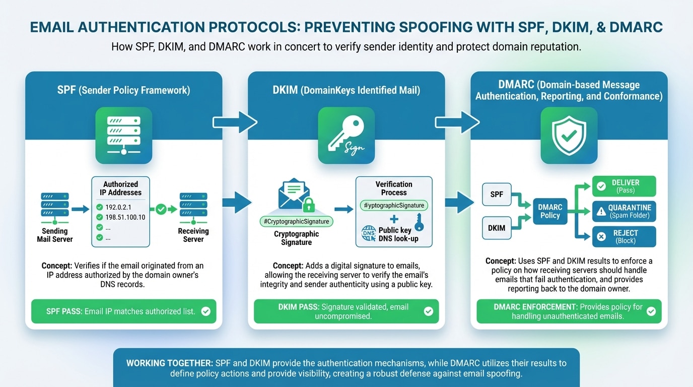 Diagram showing how SPF, DKIM, and DMARC email authentication protocols work together to prevent domain spoofing