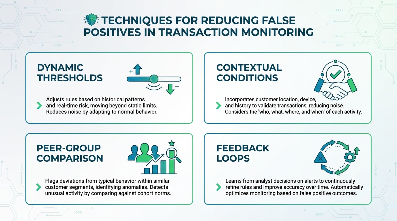 Visual representation of false positive reduction strategies in transaction monitoring including dynamic thresholds, contextual suppression, and feedback loops
