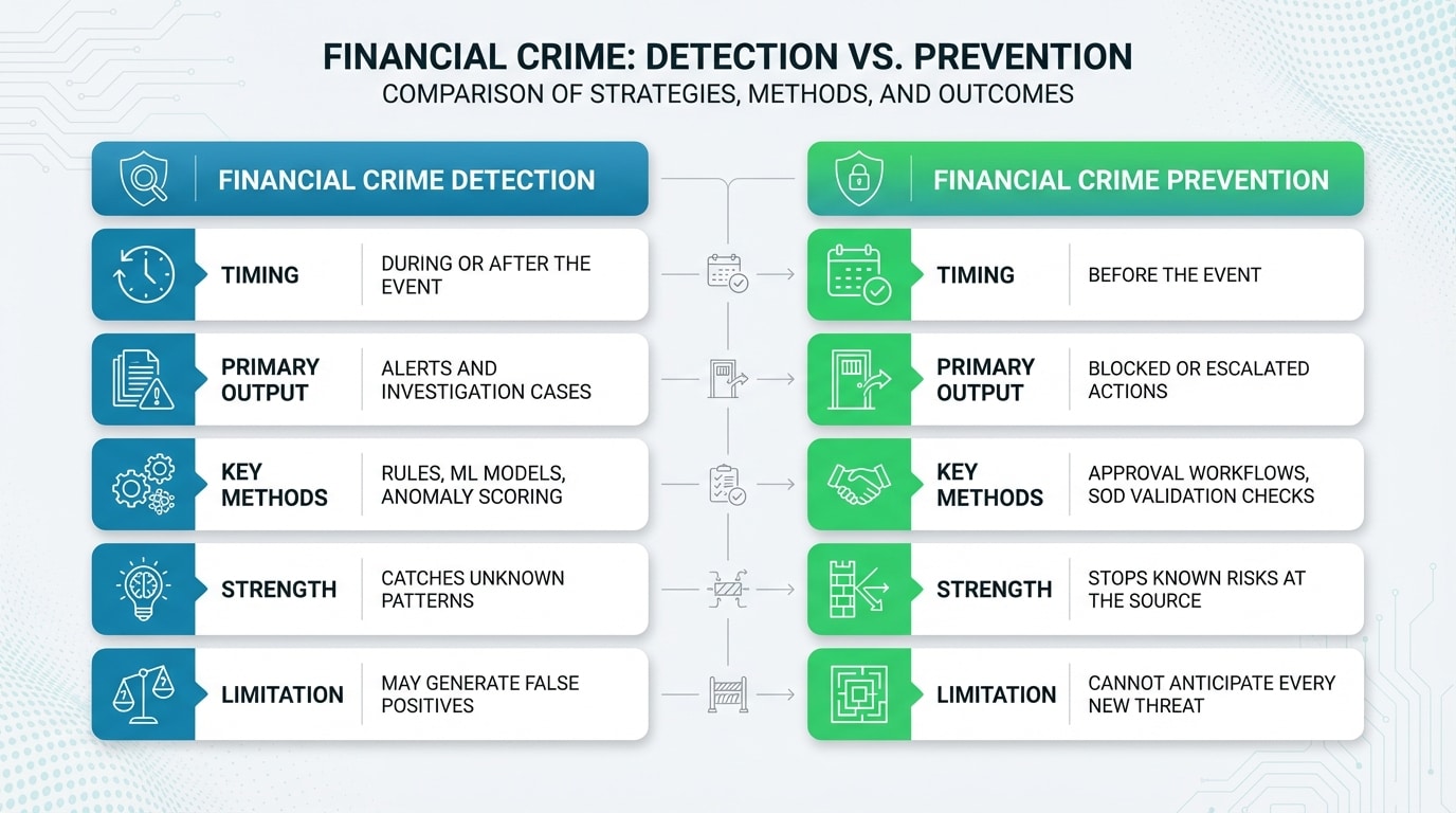 Diagram comparing financial crime detection versus prevention across the risk lifecycle