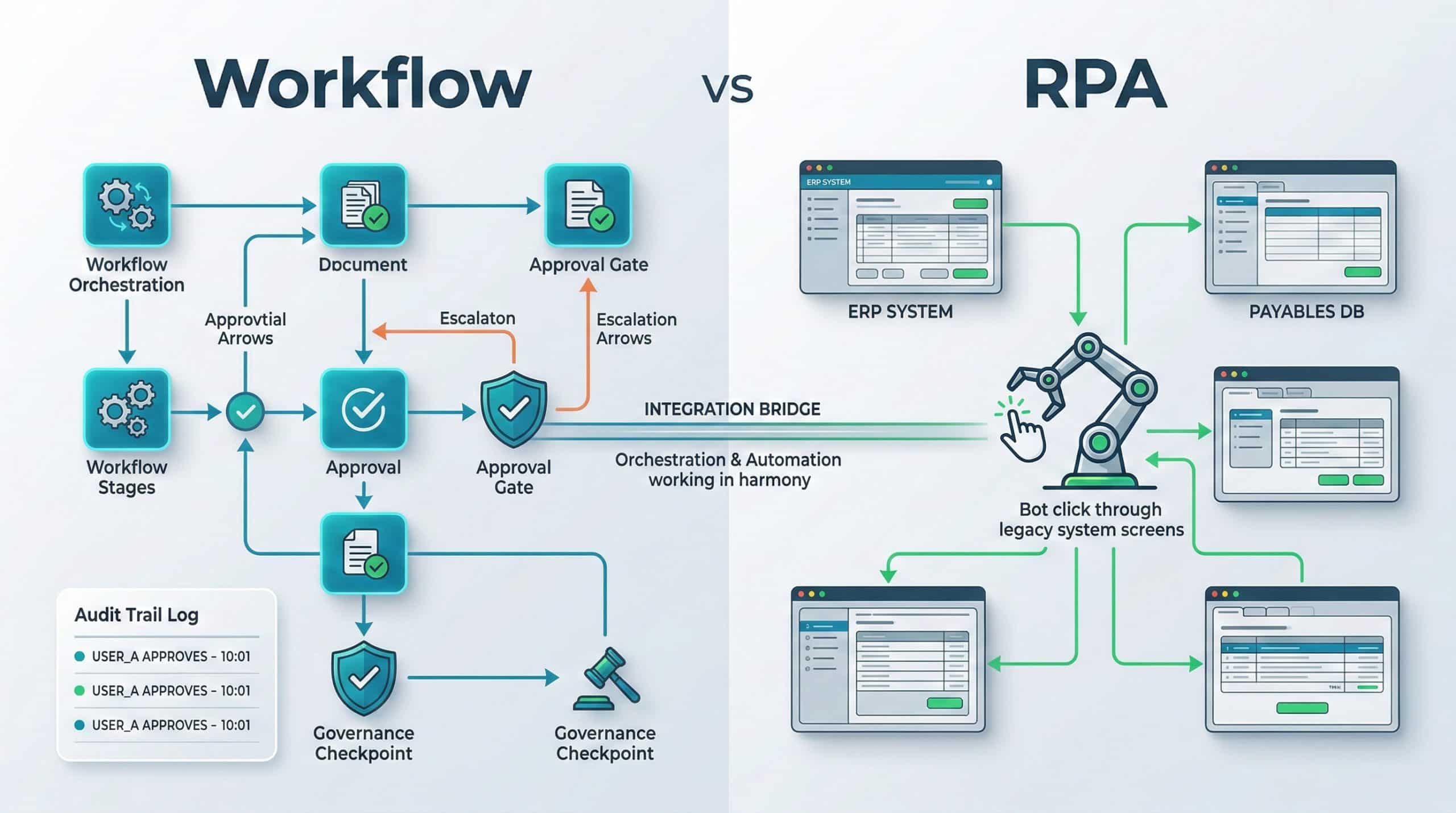 Diagram showing the differences between financial workflow automation and RPA in a finance department