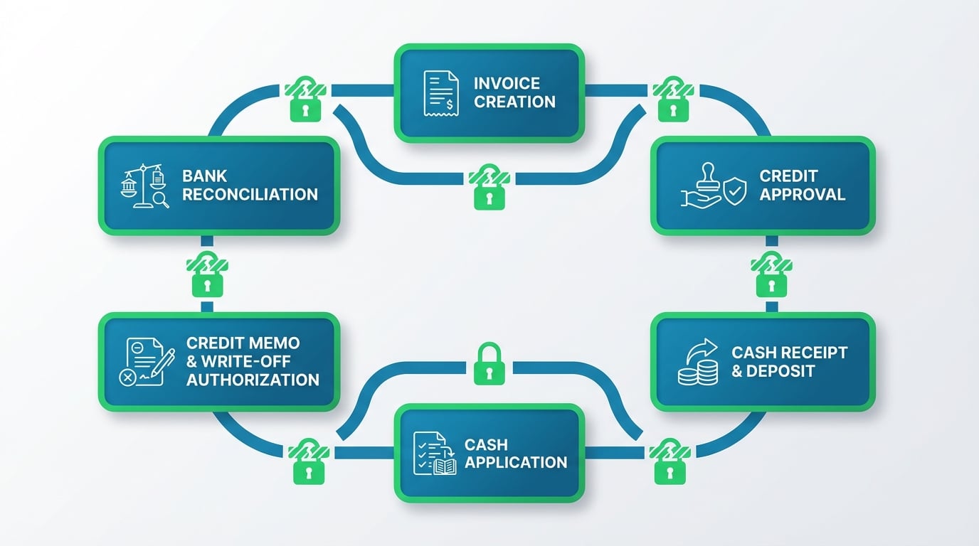 Segregation of duties diagram showing separated AR functions including invoicing, cash receipt, credit approval, and reconciliation