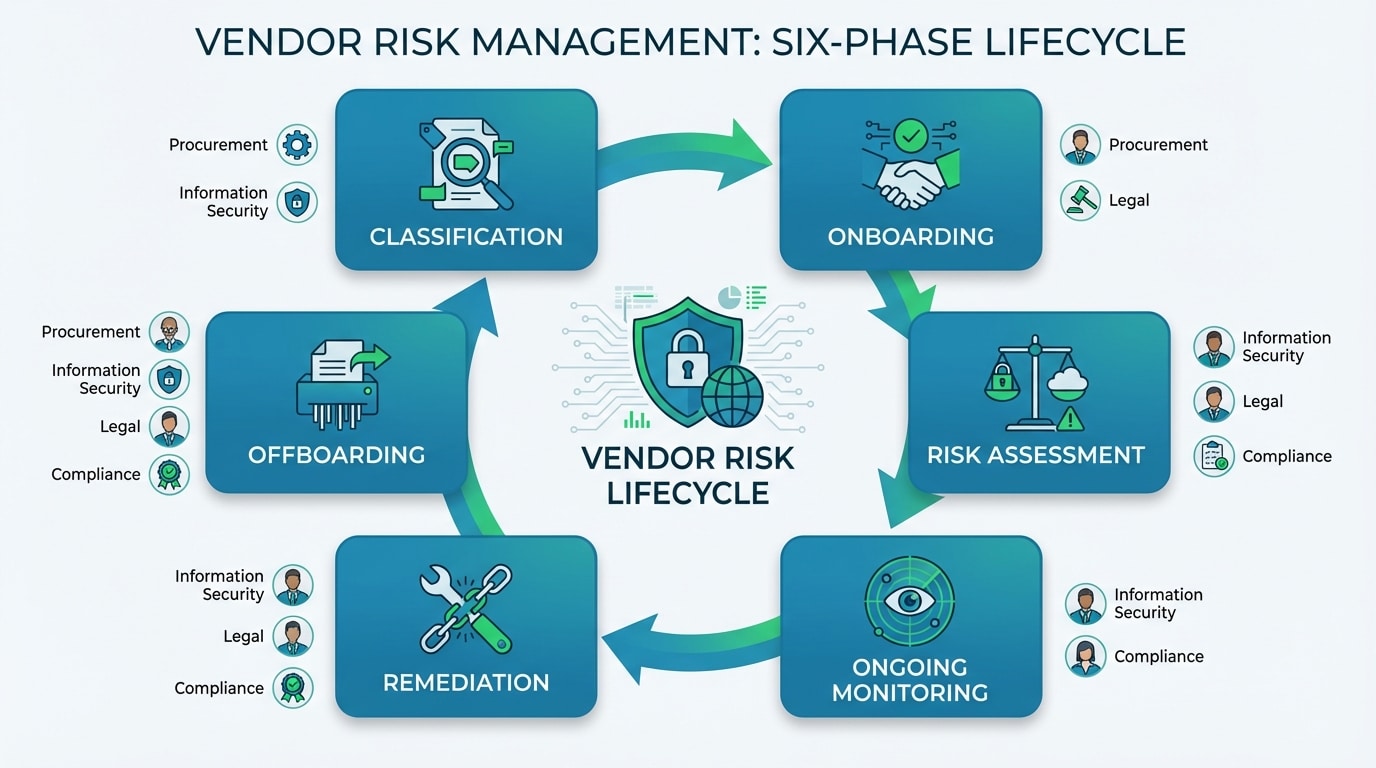 End-to-end vendor risk lifecycle phases from classification through offboarding inside VRM software