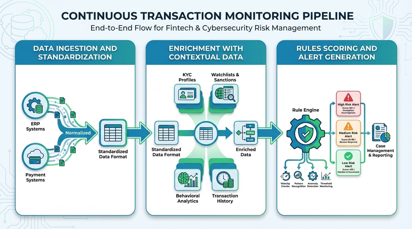 Diagram illustrating the continuous transaction monitoring pipeline from data ingestion through enrichment to alert generation