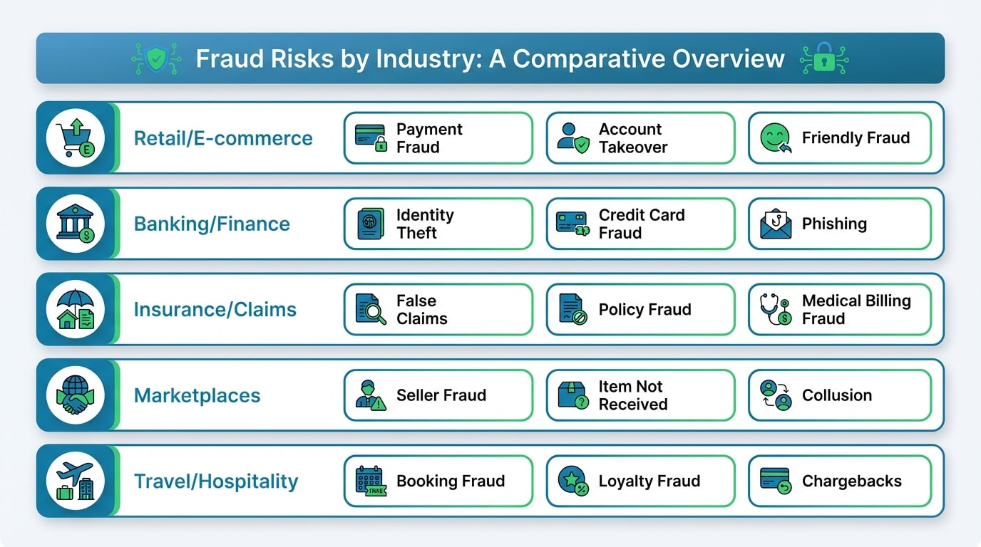 How fraud risks shift across key industries including retail, banking, insurance, and hospitality