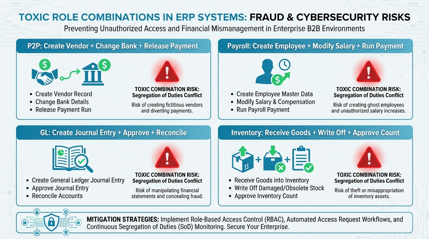 Illustration of toxic role combinations across ERP processes including P2P, Payroll, General Ledger, and Inventory