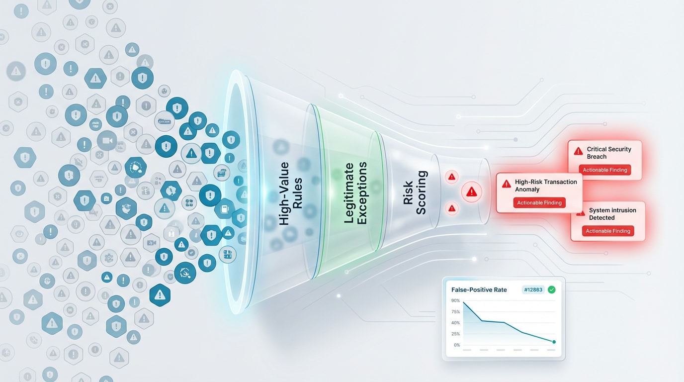 Workflow diagram showing how false positive reduction works through gradual calibration and dynamic risk scoring