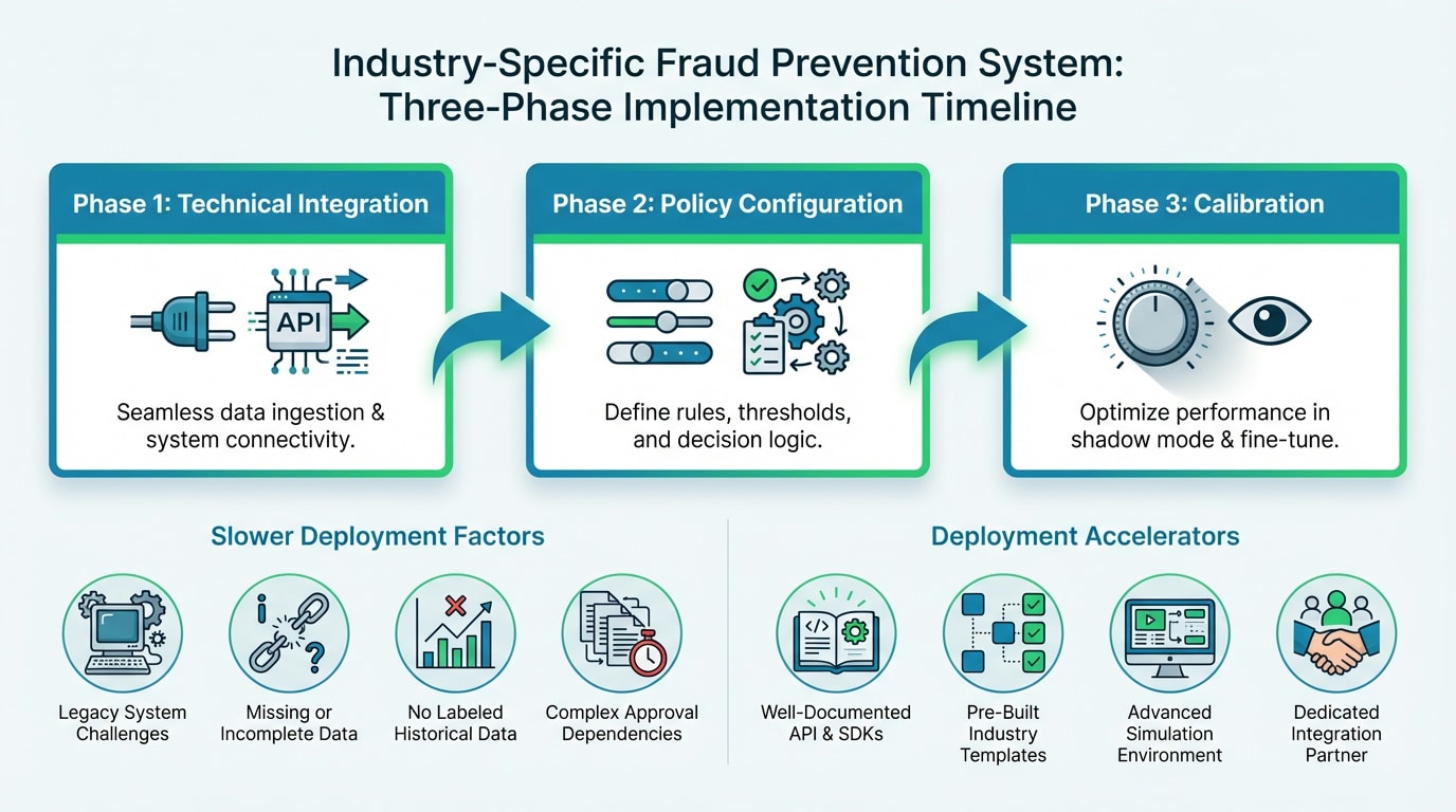 Timeline infographic showing the three phases of industry-specific fraud prevention deployment