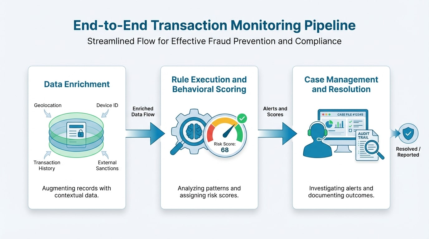 Diagram illustrating how a continuous transaction monitoring system processes data from ingestion through enrichment, rule execution, and case management