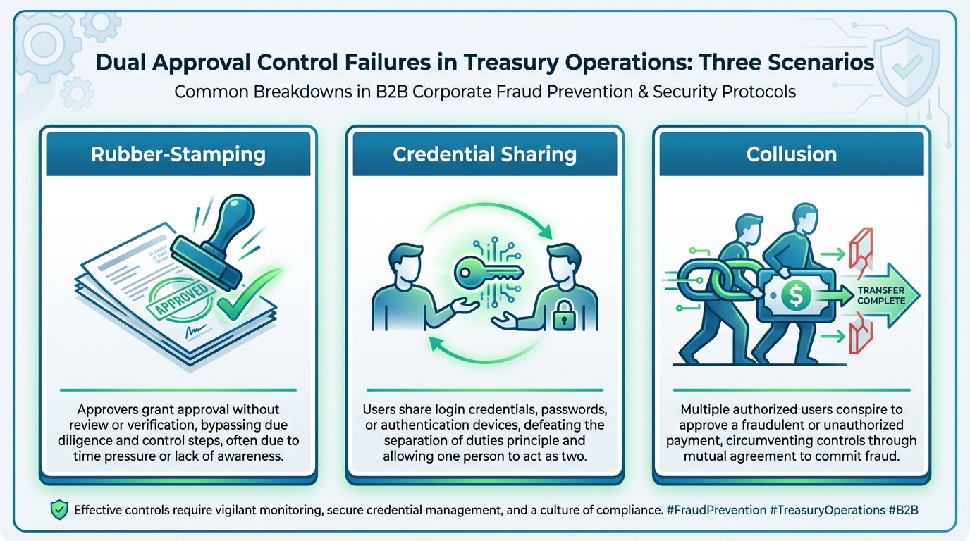 Three failure scenarios for dual approval controls in treasury operations showing rubber-stamping, credential sharing, and collusion