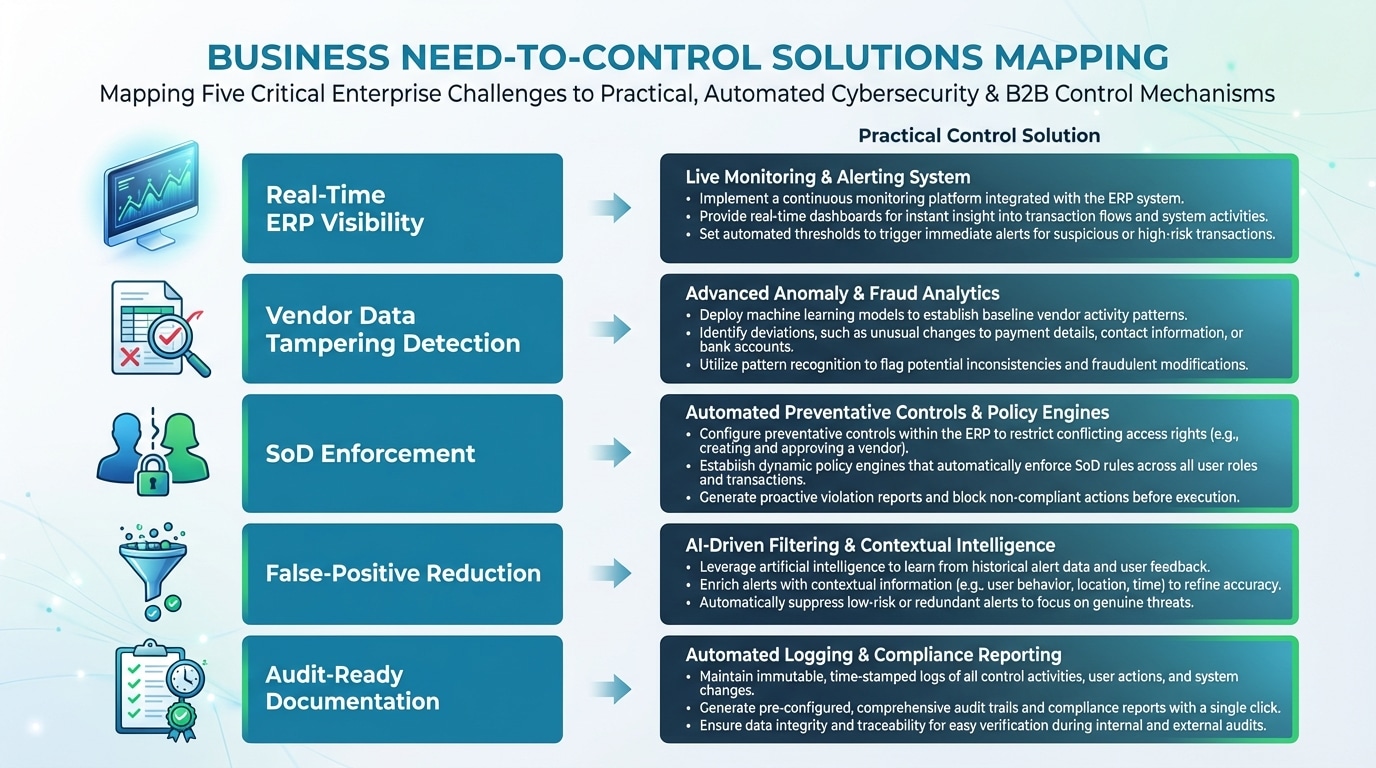 Business needs mapped to Detelix control capabilities for treasury fraud prevention