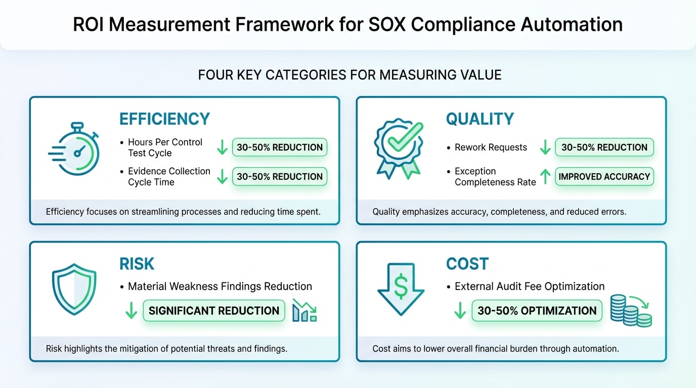 ROI measurement framework for SOX compliance automation showing efficiency, quality, and risk metrics