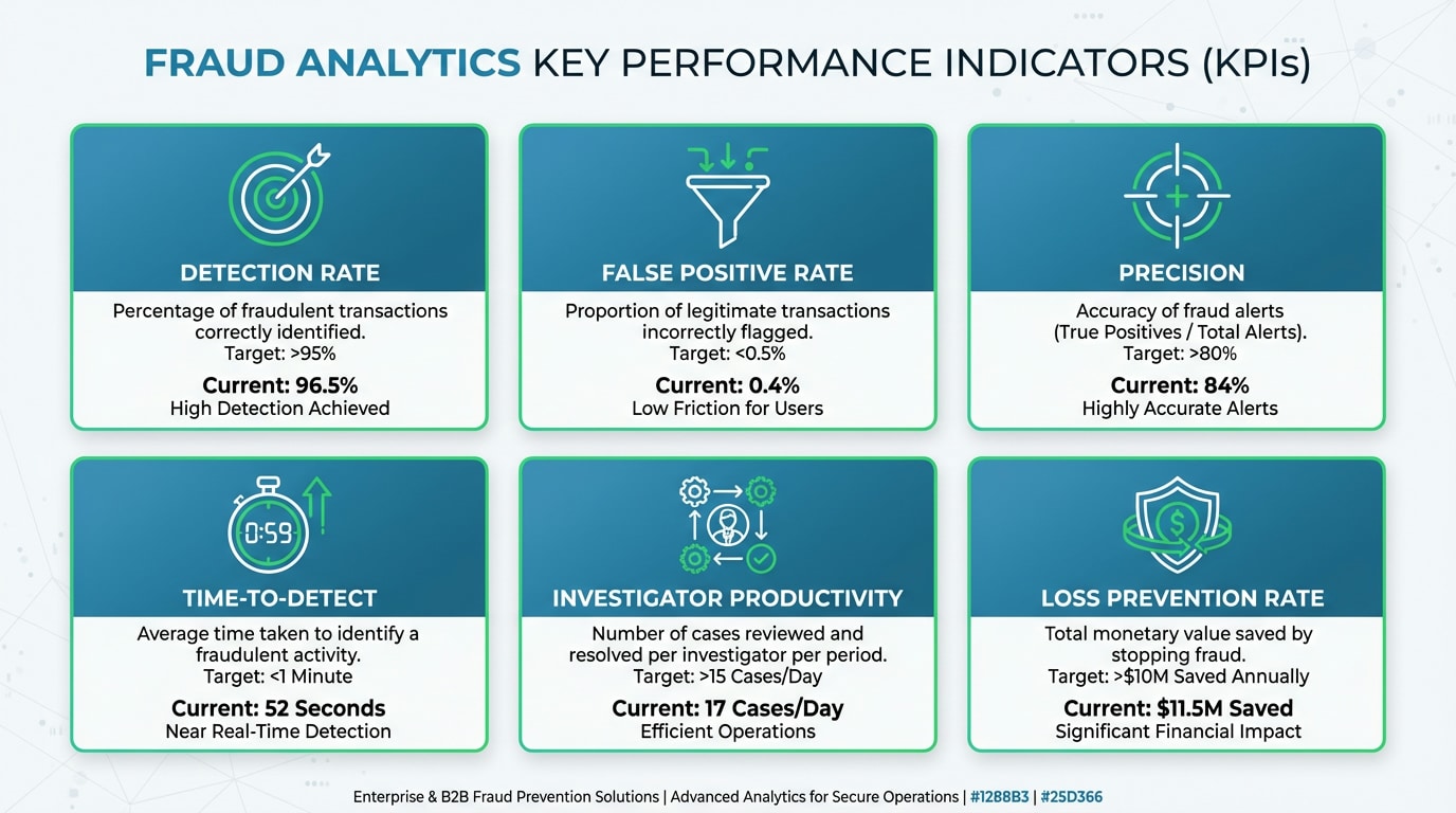 Dashboard visualization of key performance indicators for fraud analytics measurement