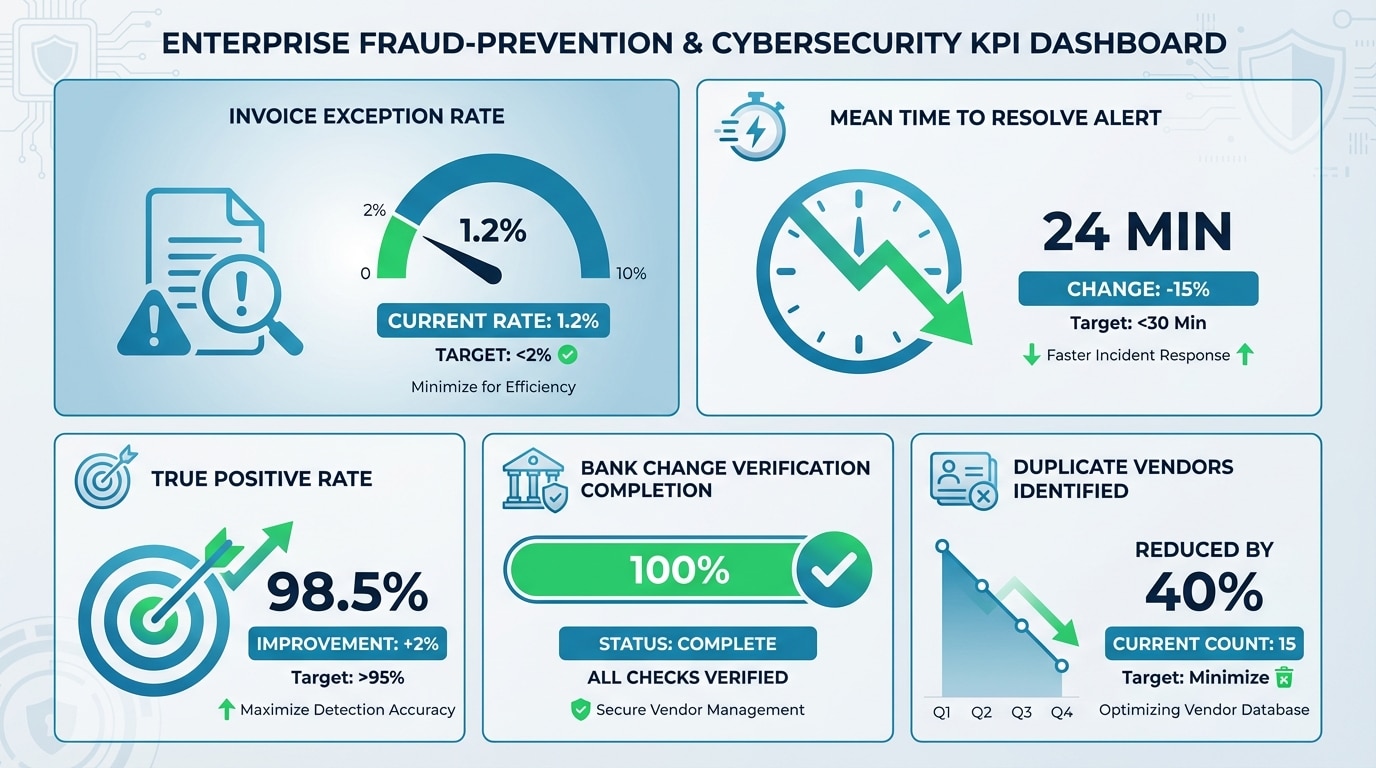 KPI dashboard for vendor fraud prevention showing invoice exception rate, alert resolution time, and true positive rate metrics