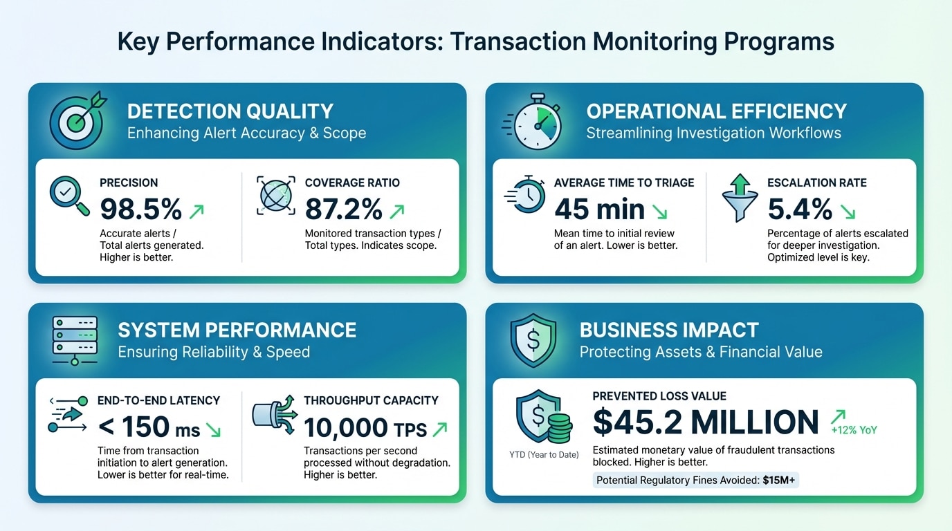 Dashboard visualization showing key performance indicators for continuous transaction monitoring programs
