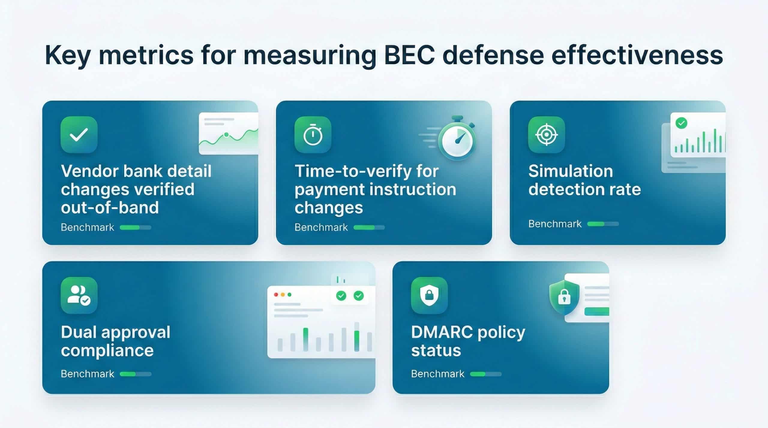 Dashboard showing key metrics for measuring BEC defense effectiveness across vendor verification and approval compliance