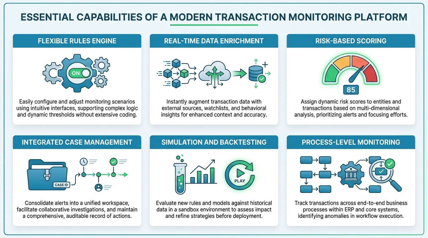 Checklist of essential capabilities for evaluating modern continuous transaction monitoring platforms including rules engines, case management, and regulatory reporting