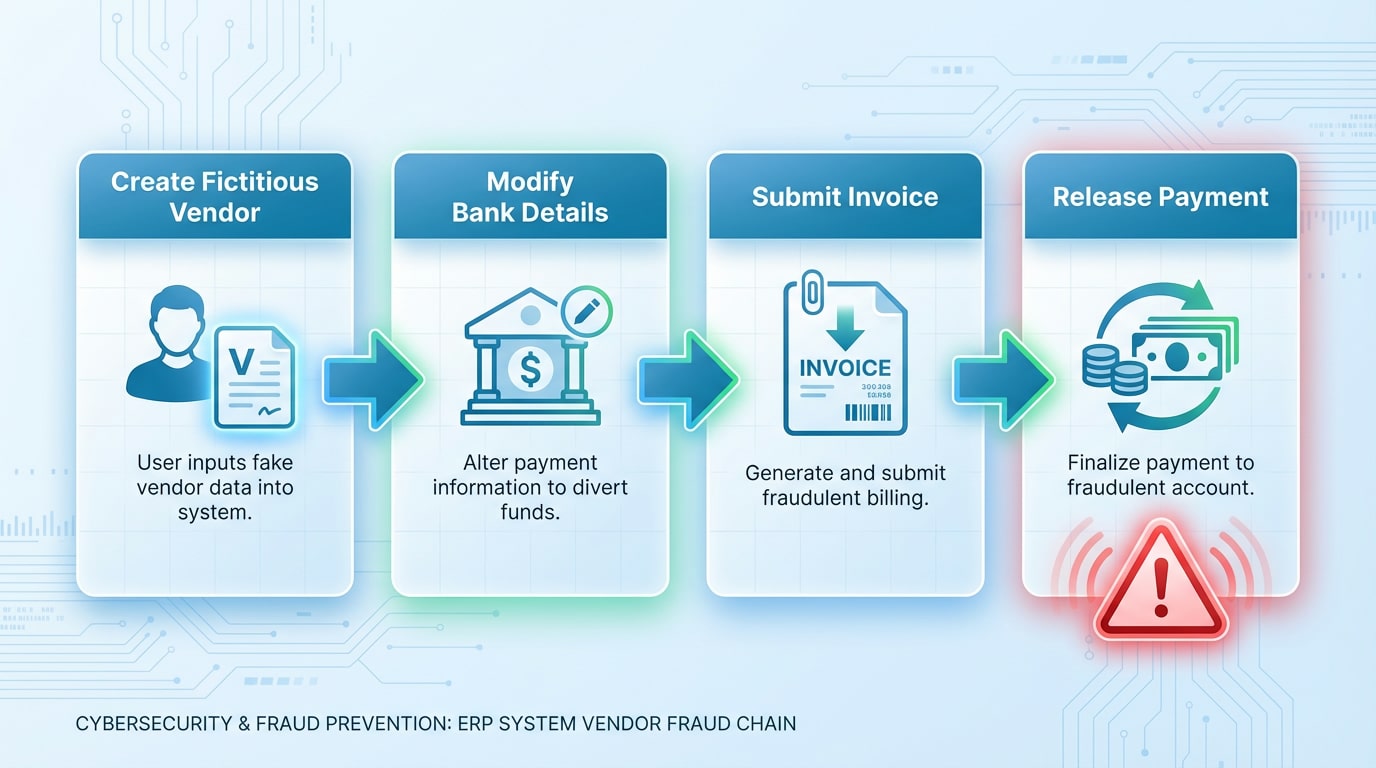 Diagram showing how vendor fraud occurs inside an ERP system through fictitious vendor creation and bank detail manipulation