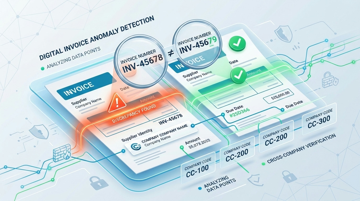 Duplicate invoice detection dashboard showing cross-entity matching across manufacturing plant locations