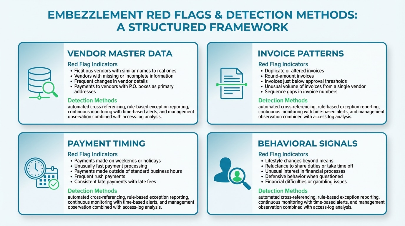 Financial analyst reviewing transaction red flags on a monitoring dashboard for embezzlement detection