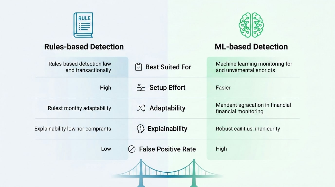 Comparison diagram showing rules-based detection versus machine-learning anomaly detection approaches