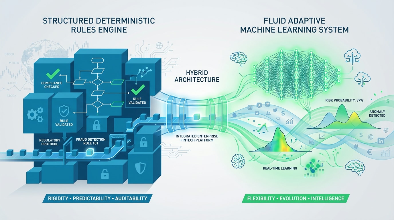 Diagram showing the hybrid approach of combining rules-based and machine learning systems for fraud detection