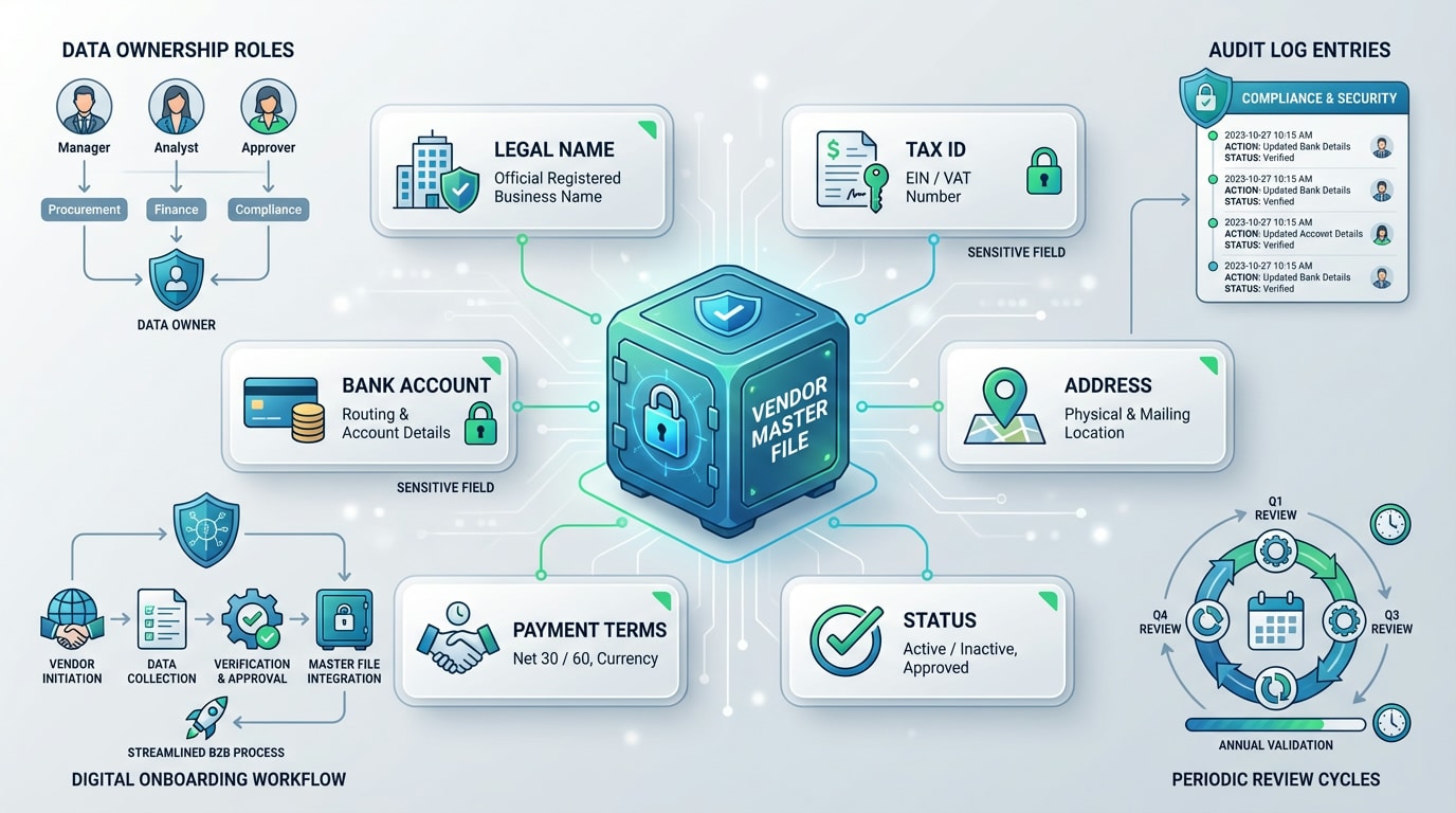 Vendor Master File governance process showing data ownership, access controls, and periodic review cycles for fraud prevention