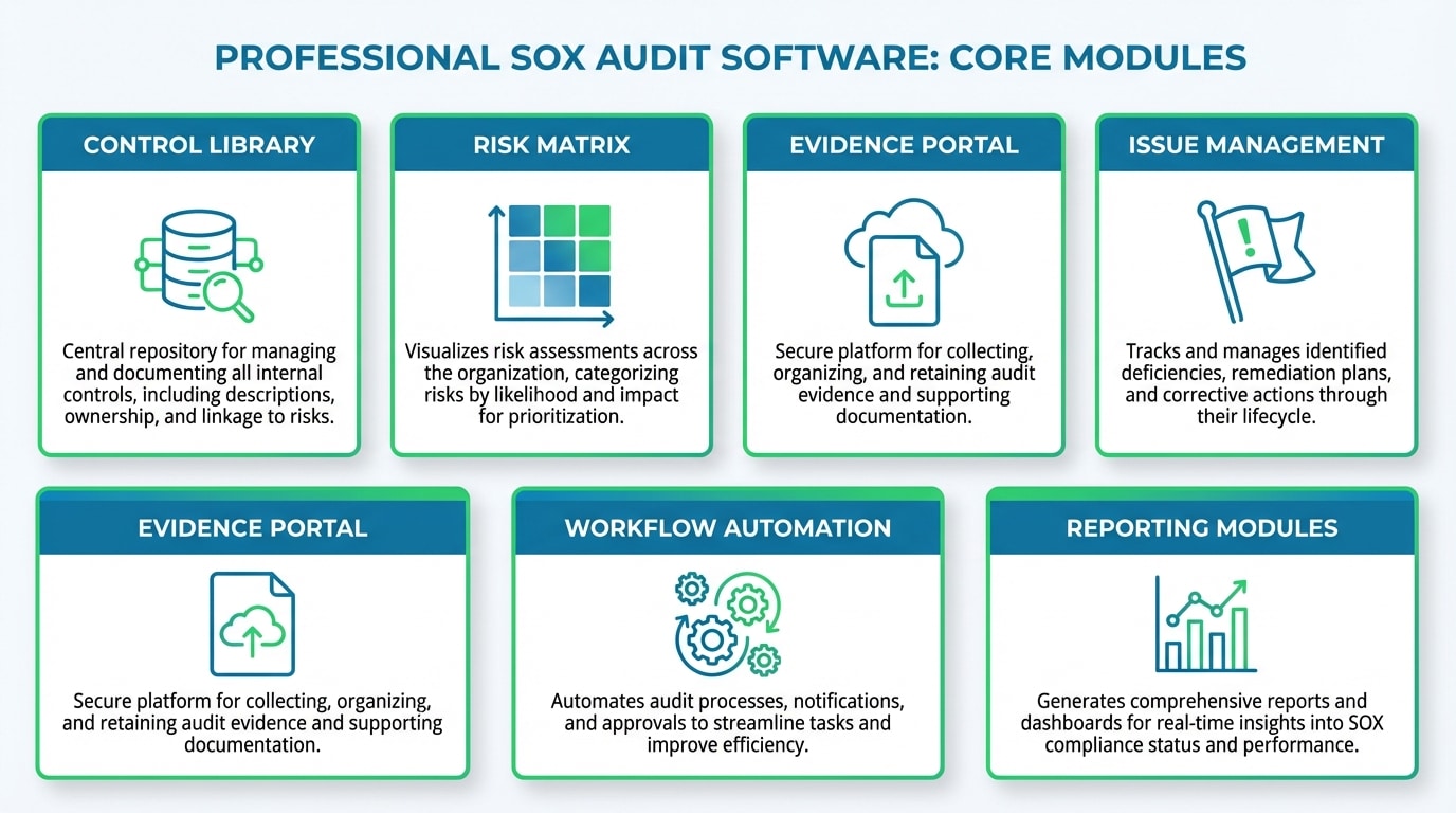 Core features of professional SOX audit software including control library, risk matrix, evidence portal, and issue management modules