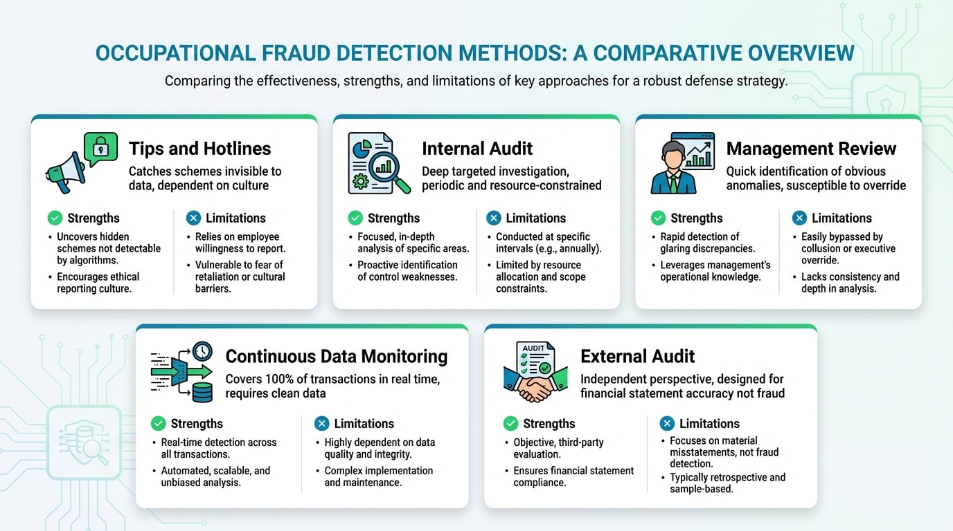 Comparison of the most effective occupational fraud detection methods including tips, internal audit, continuous monitoring and external audit