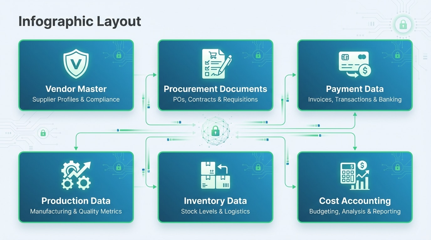 Data requirements diagram showing ERP modules feeding into manufacturing financial controls