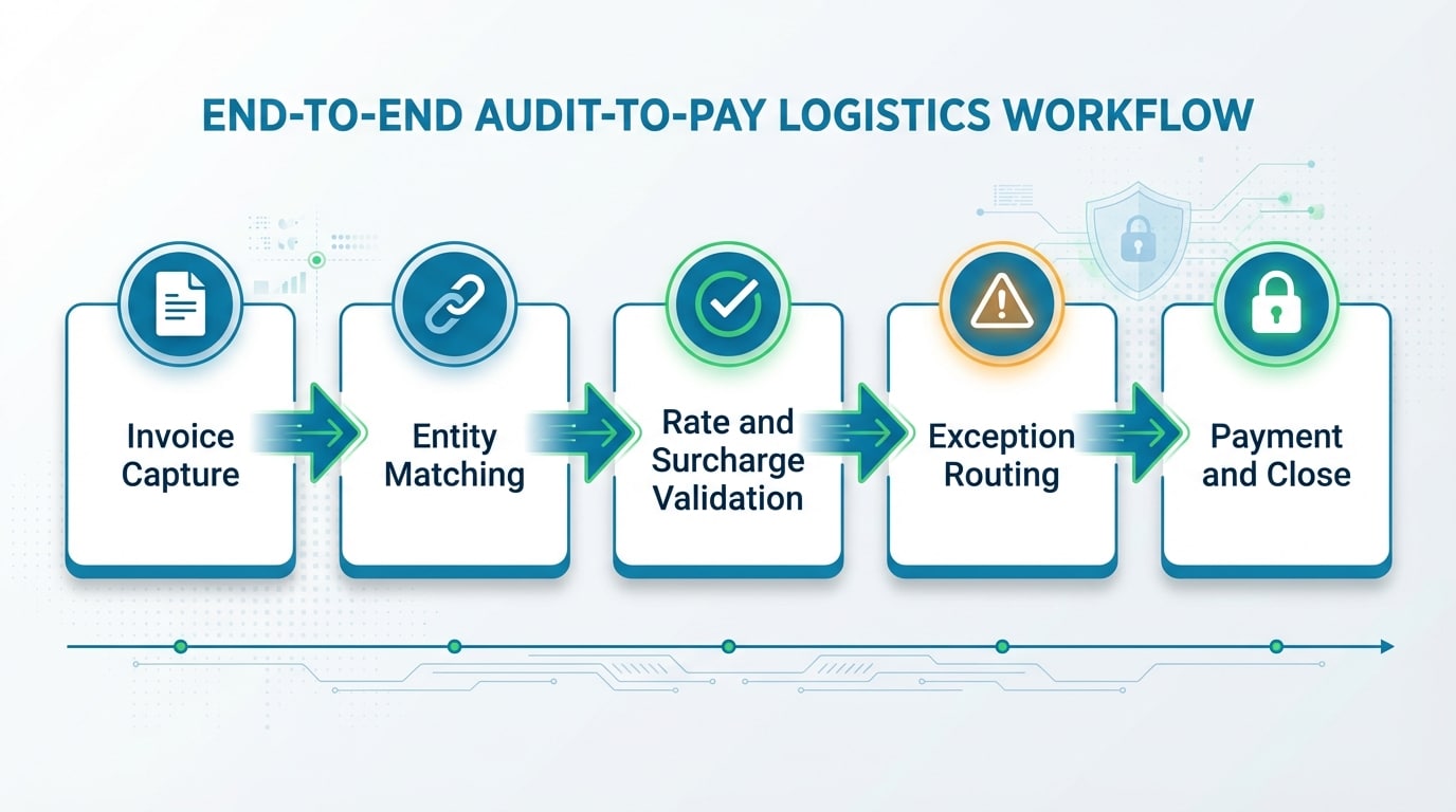 End-to-end audit-to-pay control process flow diagram for logistics organizations