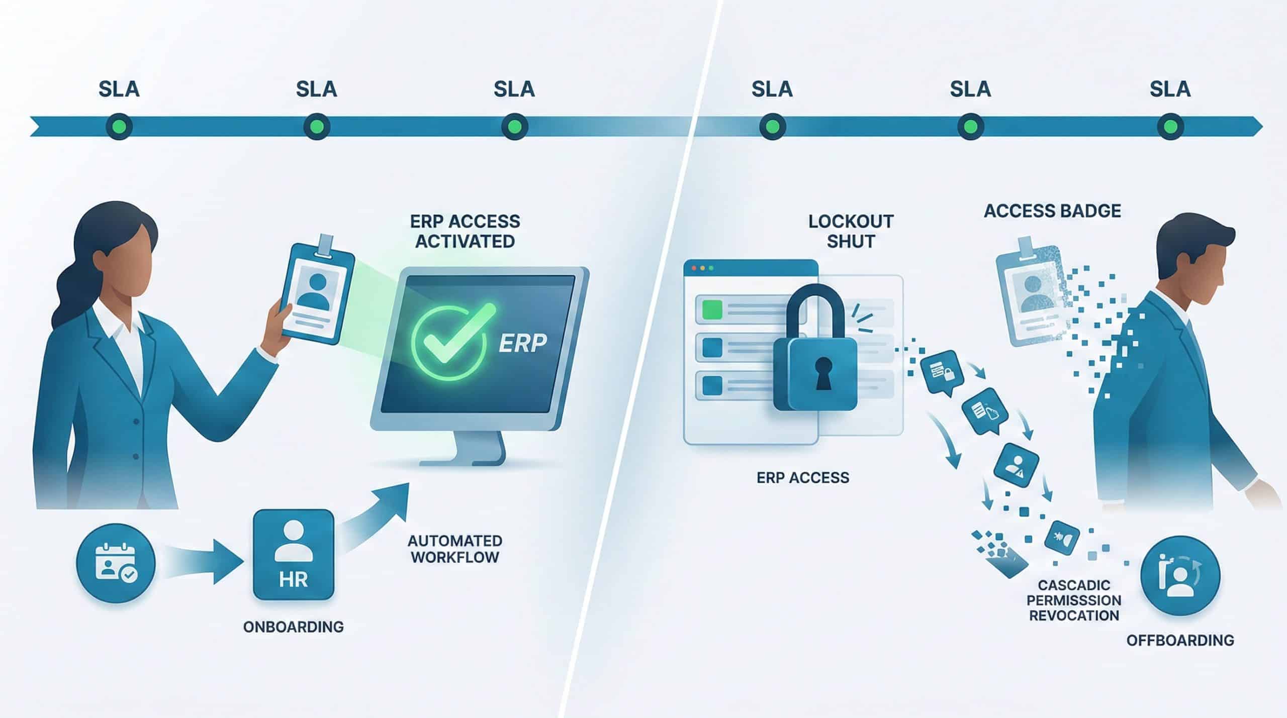 Visual representation of the risks when employee onboarding and offboarding processes are disconnected from ERP user management