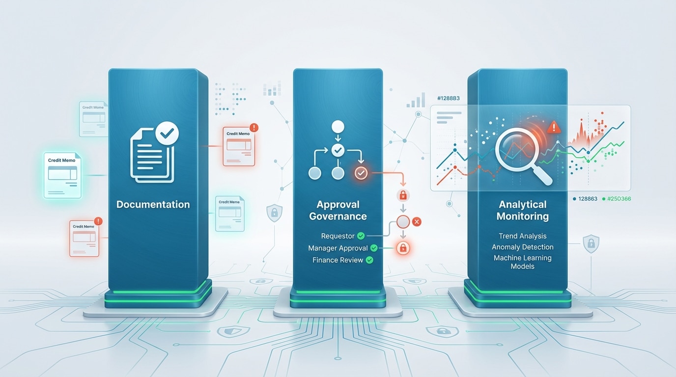 Credit memo fraud detection workflow showing documentation requirements, approval governance, and analytical monitoring pillars